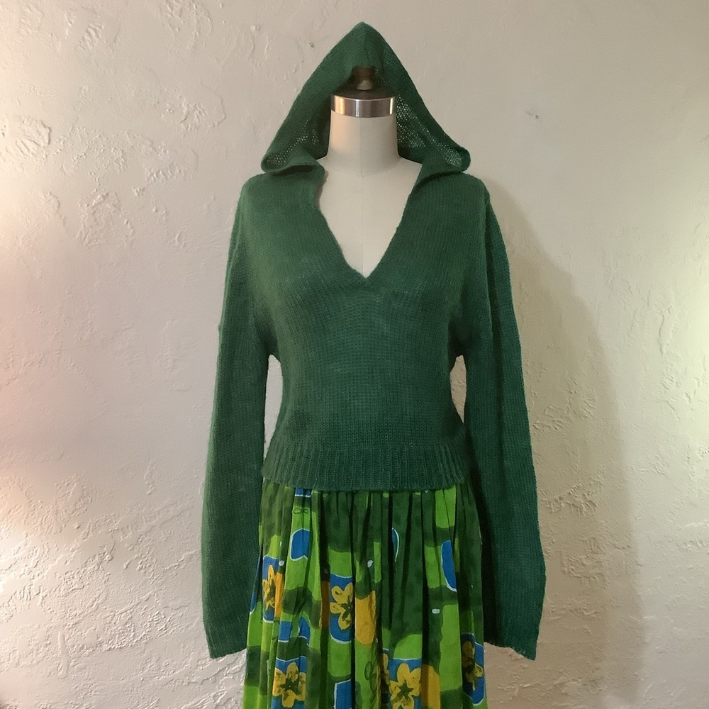 Vintage Jessie May Green Hoodie Knit Pullover Sweater Mohair Blend